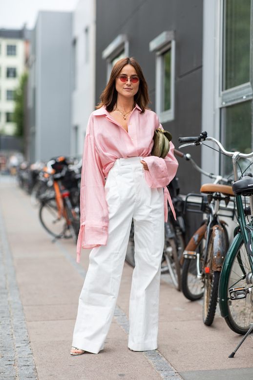 Le Fashion Blog Fashion Week Street Style Micro Sunglasses Pink Silk Blouse White High Waisted Pants Via Sandra Semburg 