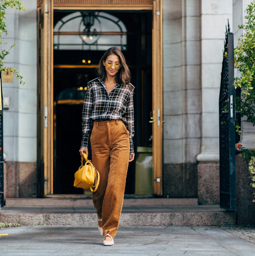 Le Fashion Blog Fashion Week Sunglasses Plaid Top Cord Pants Yellow Bag Flats Via Vogue 