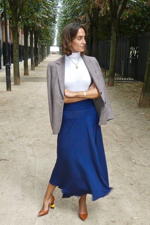 Le Fashion Blog French Workwear Turtleneck Plaid Blazer Pleated Blue Midi Skirt Heels Via Vogue 
