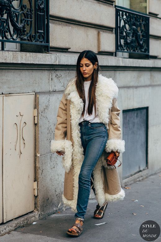 Le Fashion Blog Gilda Ambrosio Paris Street Style Shearling Coat Straight Leg Jeans Birkenstock Sandals Via Style Du Monde 