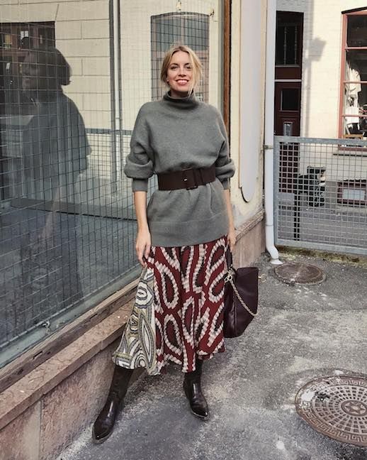 Le Fashion Blog Gray Turtleneck Black Belt Printed HM Midi Skirt Patent Leather Boots Via @hannastefansson 