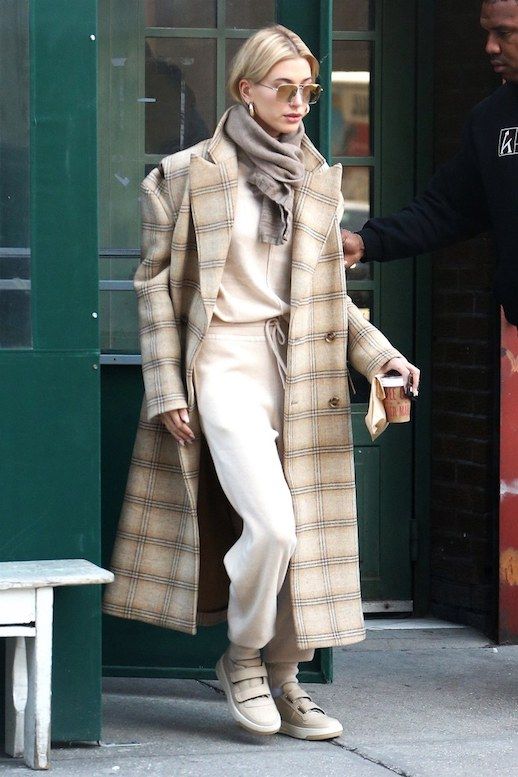 Le Fashion Blog Hailey Baldwin Bieber Margiela Wool Coat Chloe Cashmere Sweat Suit Acne Beige Sneakers Neutrals Via Vogue 