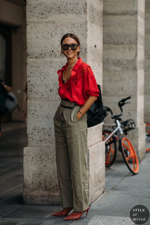 Le Fashion Blog Haute Couture Winter 2018 Evangelie Smyrniotaki Office Look Red Blouse Khaki Tailored Trousers Red Mesh Heels Via Style Du Monde 