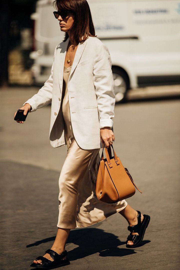 Le Fashion Blog How To Wear A Slip Dress To Work Linen Blazer Birkenstock Sandals Via Vogue Uk