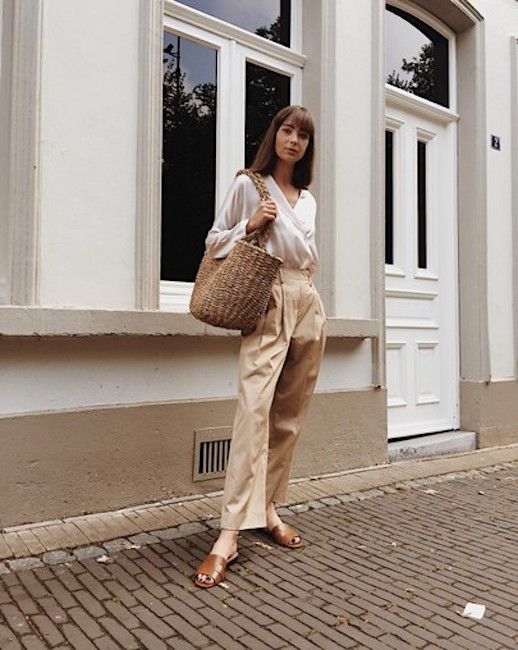 Le Fashion Blog Instagram Blogger Silk Top Neutral Silky Trousers Oversized Basket Bag Brown Flat Sandals Via @Modedamour 