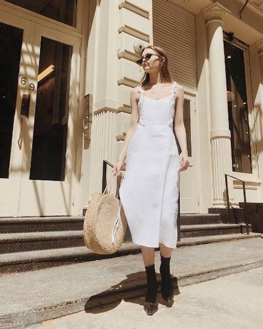 Le Fashion Blog Instagram Easy Summer White Midi Dress Wicker Circle Tote Black Boots Via @nycbambi 