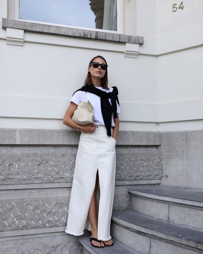 Le Fashion Blog Instagram outfits Black Cat Eye Glasses White T Shirt Black Cardigan Scarf White Denim Midi Skirt Black Flip Flops Via @Sophiaroe 