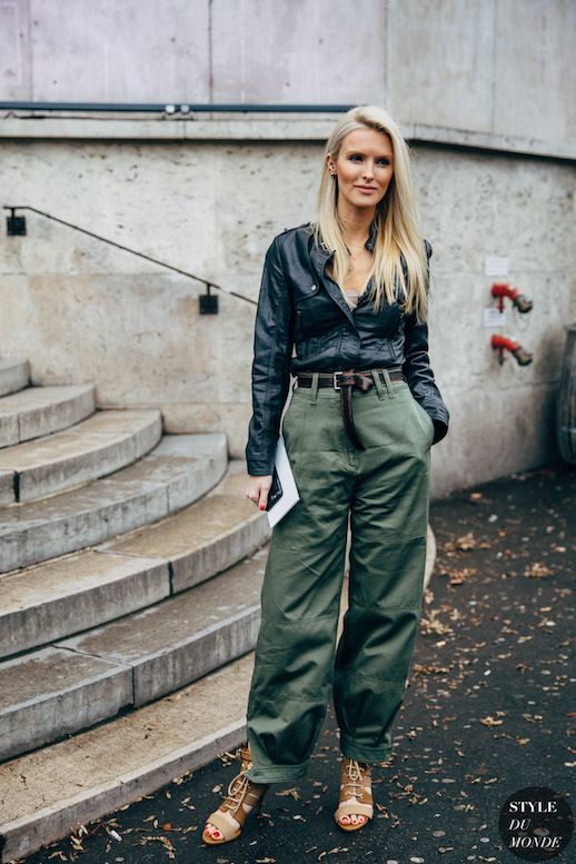 Le Fashion Blog Kate Davidson Hudson Streetstyle Leather Button Down Utilitarian Green Pants Strappy Sandals Via Style Du Monde 