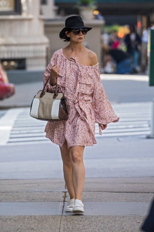 Le Fashion Blog Katie Holmes New York Wide Brim Hat Sunglasses Pink Floral Dress Off The Shoulder White Sneakers Via Popsugar 