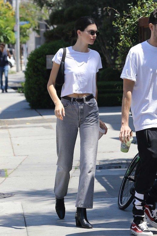 Le Fashion Blog Kendall Jenner Micro Sunglasses White T Shirt Bootleg Grey Jeans Black Heeled Leather Boots Via Vogue 