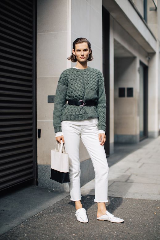 Le Fashion Blog LFW Green Sweater Belted Layered White Jeans White Loafers Via Sandra Semburg 