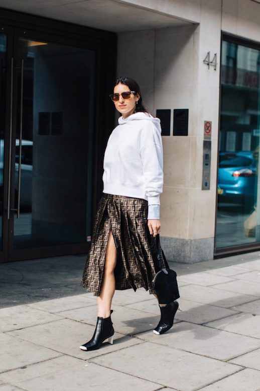 Le Fashion Blog LFW Sunglasses White Hoodie Fendi Midi Skirt Heeled Black Leather Boots Via Sandra Semburg 