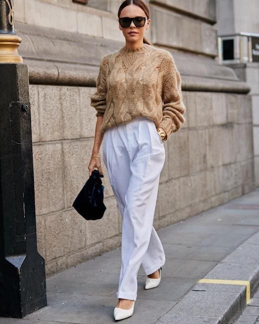 Le Fashion Blog Large Sunnies Camel Knit White Pleated Trousers White Pumps Via @thestylestalker 