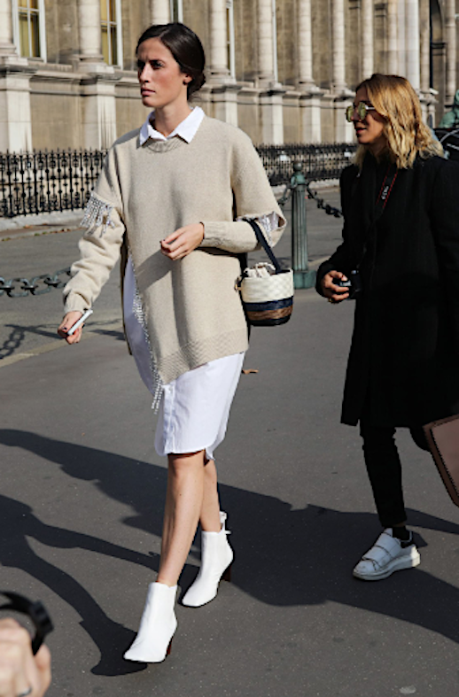 Le Fashion Blog Layered Cream Sweater Over White Shirt Dress White Heeled Boots Via Vogue 