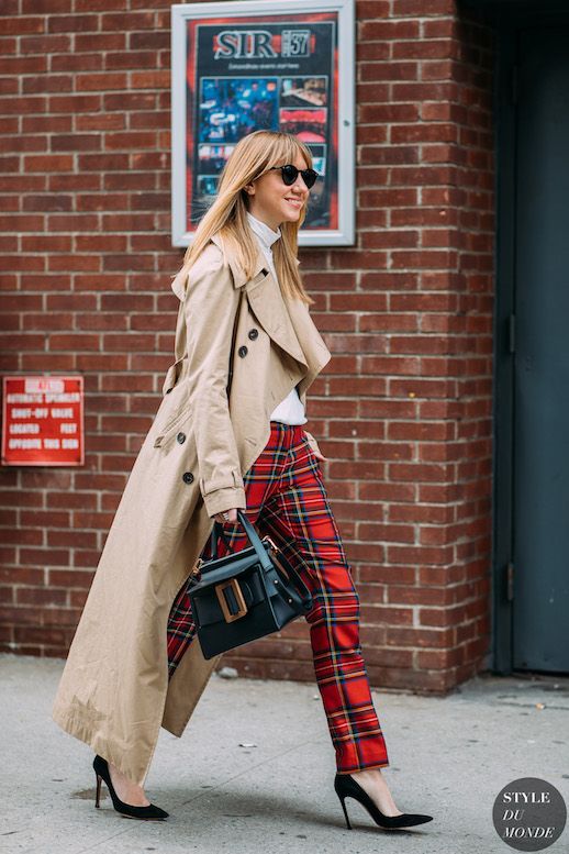 Le Fashion Blog Lisa Aiken NYFW Street Style Black Sunglasses Classic Trench Coat Red Tartan Pants White Turtleneck Black Pumps Via Style Du Monde 