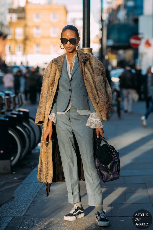 Le Fashion Blog London FW Streetstyle Grey Suit Brown Long Fur Coat Vans Sneakers Via Style Du Monde 