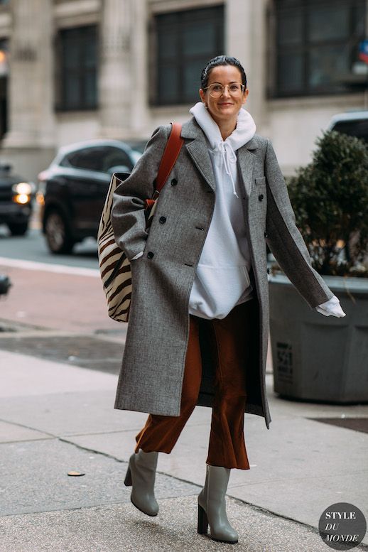 Le Fashion Blog Lucy Chadwick Celine Street Style Suede Trend Gray Coat White Hoodie Suede Pants Gray Heeled Boots Via Style Du Monde 
