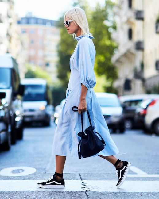 Le Fashion Blog Milan Fashion Week Street Style Powder Blue Feminine Midi Dress Black Van Sneakers Via The Style Stalker 
