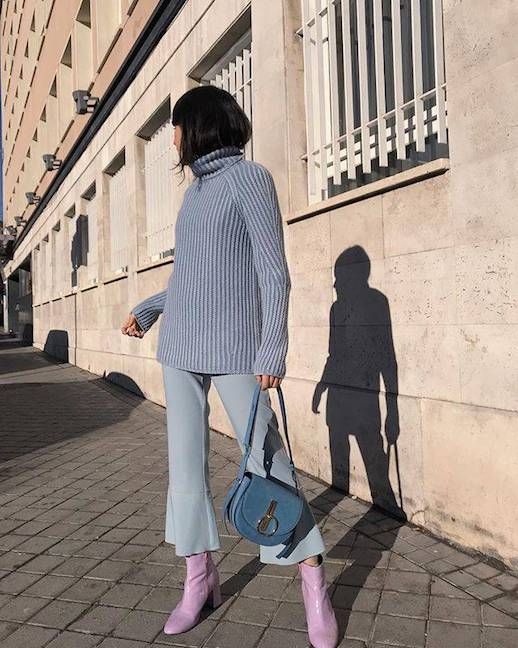 Le Fashion Blog Mixing Pastels Blue Turtleneck Sweater Light Blue Cropped Pants Purple Patent Boots Via @Maria_bernad 