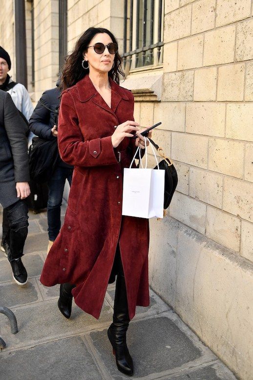 Le Fashion Blog Monica Bellucci Couture Week Street Style Sunglasses Suede Dress Black Knee High Boots Via Vogue 