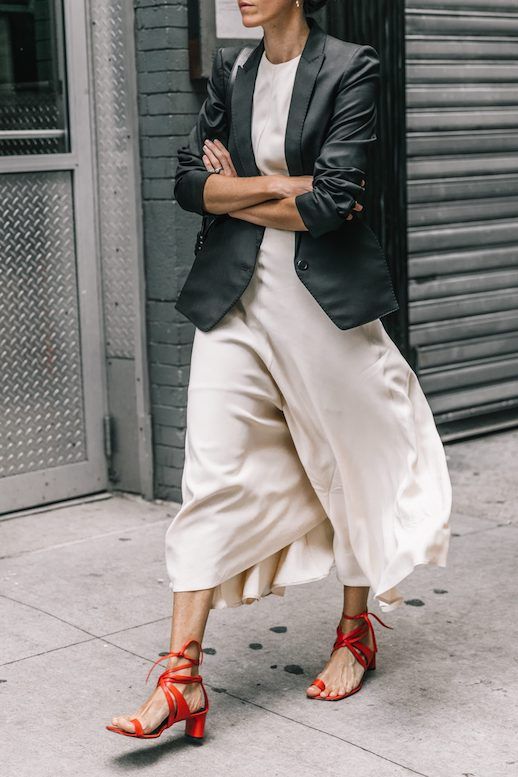 Le Fashion Blog NYFW Light Weight Black Blazer Off White Silk Midi Dress Red Heeled Strappy Sandals Via Collage Vintage 