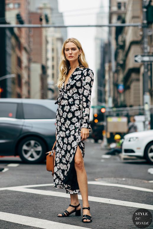 Le Fashion Blog NYFW Street Style Floral Midi Dress Loewe Camel Bag Black Heeled Sandals Via Style Du Monde 