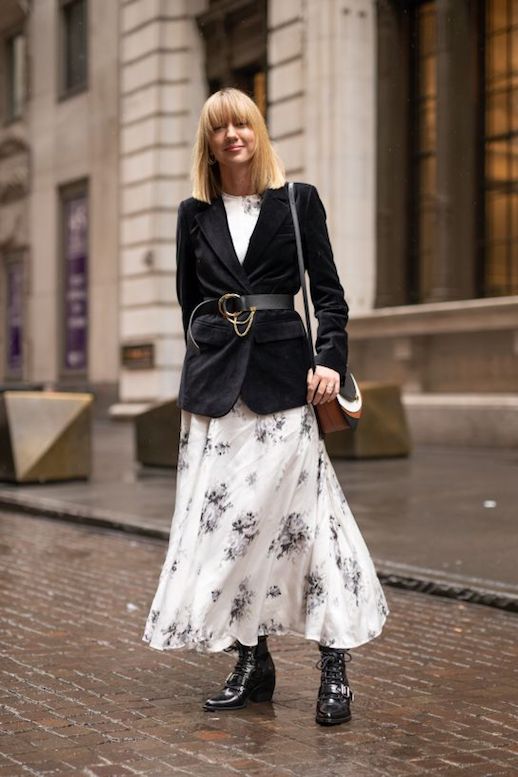Le Fashion Blog New York Fashion Week Layer Velvet Blazer Over White Maxi Dress Black Belt Black Leather Heeled Boots Via Refinery 29 