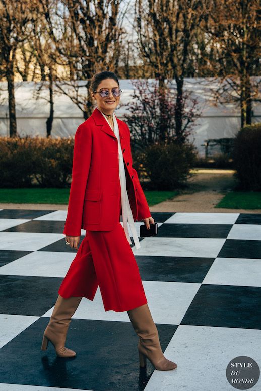 Le Fashion Blog Olivia Palermo Haute Couture Spring Red Power Suit Silk Blouse Heeled Camel Boots Via Style Du Monde 