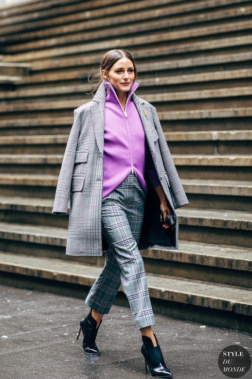 Le Fashion Blog Olivia Palermo Plaid Coat Purple Zip Up Cardigan Plaid Trousers Black Leather Boots Via Style Du Monde 
