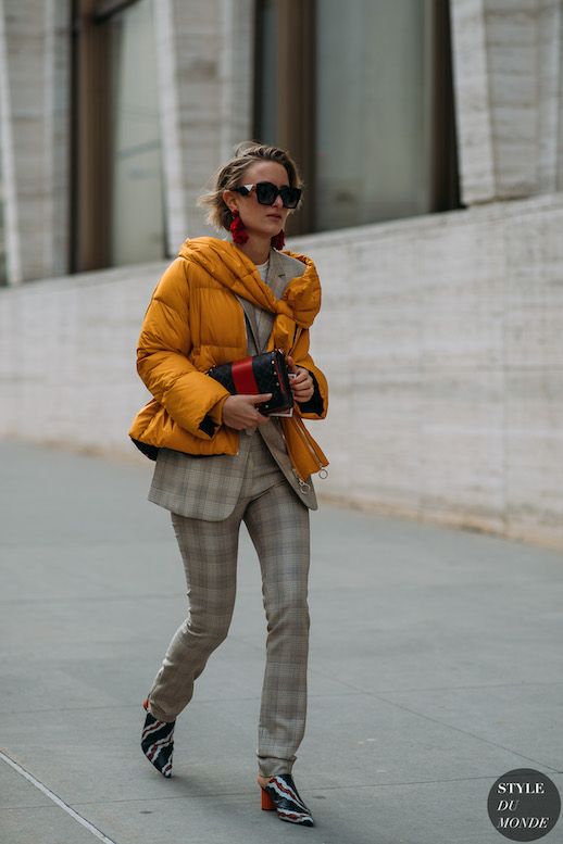 Le Fashion Blog Orange Cropped Puffer Coat Layered Plaid Work Suit Boots Via Style Du Monde 