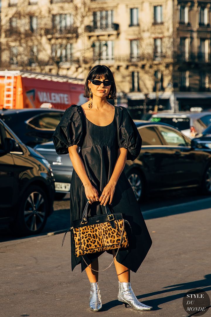 Le Fashion Blog Outfit Inspiration Maria Bernad PFW Street Style Black Midi Dress Leopard Bag Metallic Silver Kitten Heel Boots Via Style Du Monde