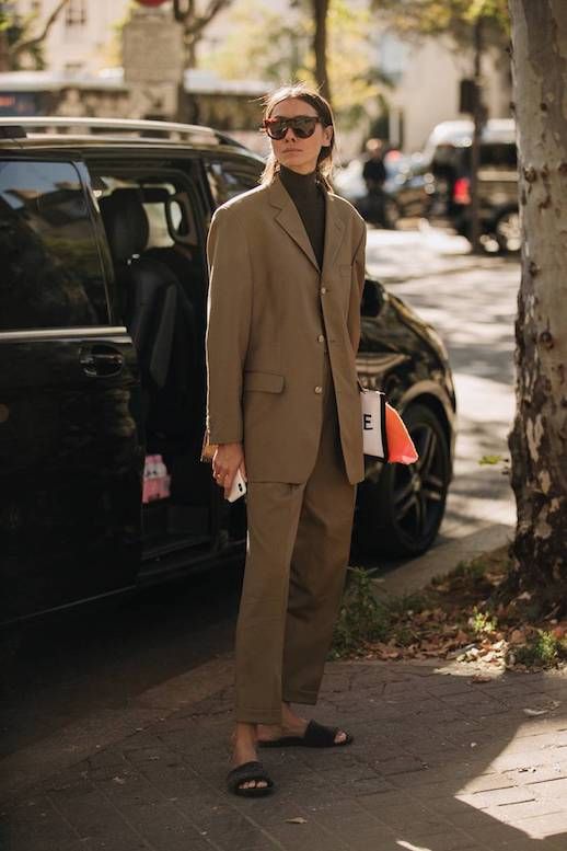 Le Fashion Blog Paris Fashion Week Brown Turtleneck Neutral Power Suit Matching Slides Via Vogue Uk 