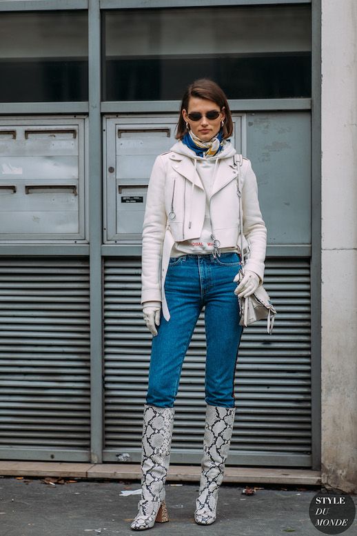 Le Fashion Blog Paris Fashion Week Street Style Sunglasses Printed Silk Scarf White Leather Jacket Dark Denim Snakeskin Heeled Boots Via Style Du Monde 