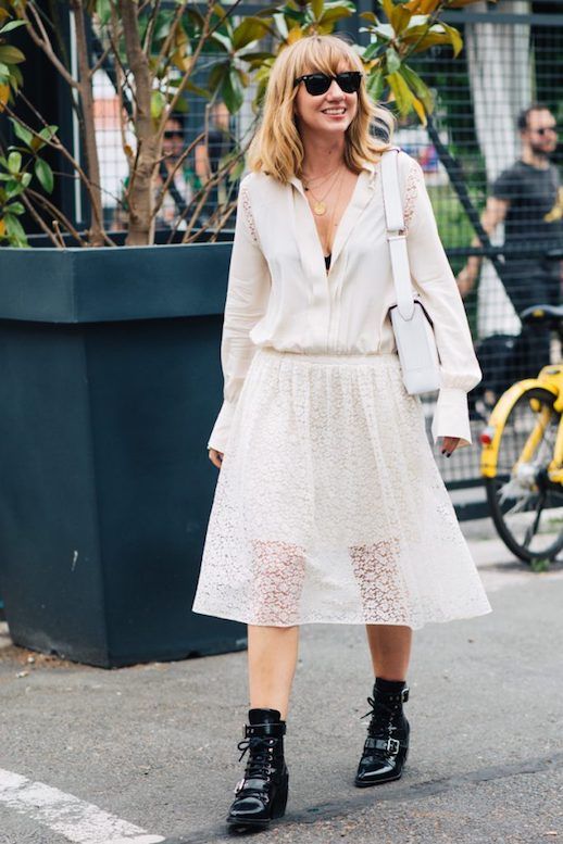 Le Fashion Blog Paris Fashion Week Street Style Sunglasses White Eyelet Lace Midi Dress Combat Boot Shoes Via Sandra Semburg p