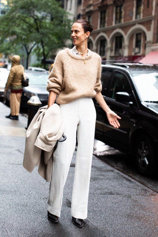 Le Fashion Blog Parisian Dressing Camel Sweater White Button Down White Straight Leg Trousers Black Boots Via Vogue France 