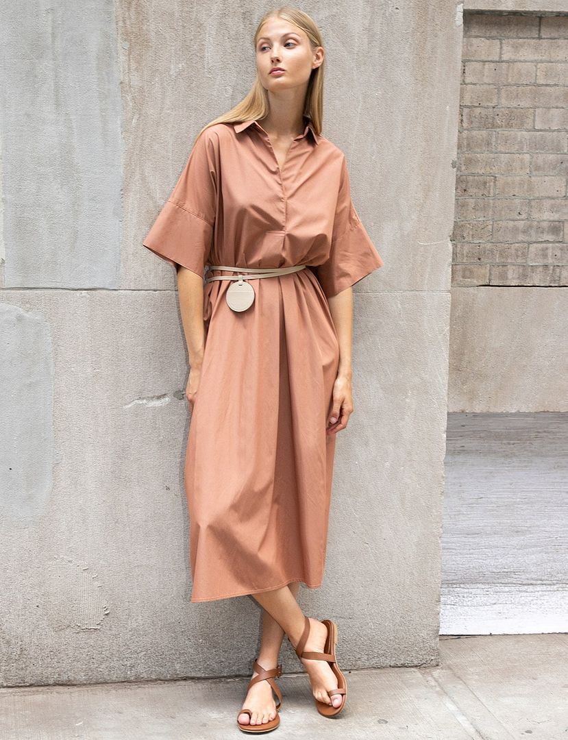 Le Fashion Blog Perfect Summer Outfit Belted Rust Colored Midi Shirt Dress Flat Camel Sandals Via Pixie Market 