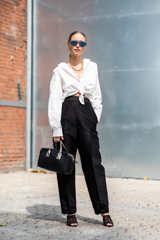 Le Fashion Blog Pernille Copenhagen Street Style Fall Sunglasses Tied Up Button Down Black Silky Trousers Black Mules Via Sandra Semburg 