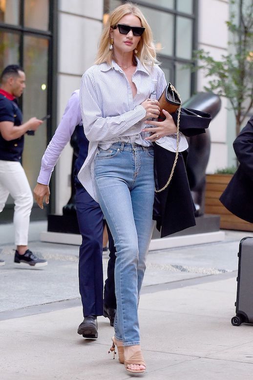 Le Fashion Blog Rosie Huntington Off Duty Sunglasses Button Down Shirt Skinny Jeans Heeled Suede Sandals Via Harpers Bazaar 