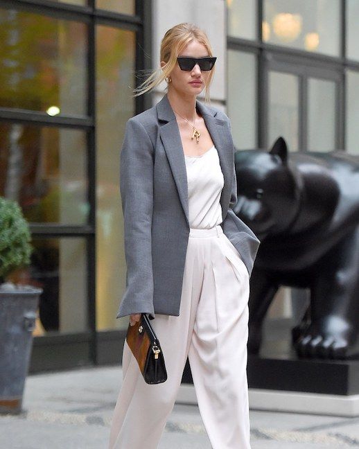 Le Fashion Blog Rosie Huntington Whiteley Summer Blush Pink Suit Seperates Celine Sunglasses Silky Trousers Via Vogue 