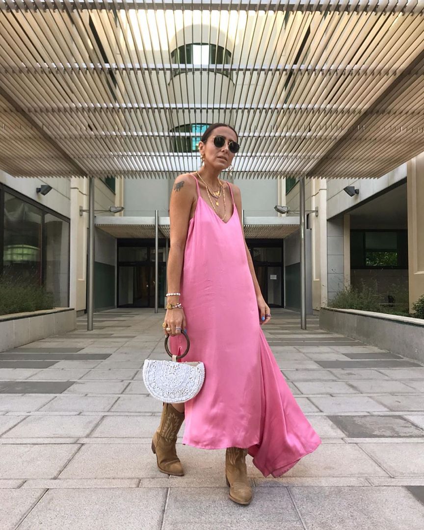 Le Fashion Blog Round Sunglasses Pink Silk Midi Dress Round Handle Bag Beige Cowboy Boots Via @laura_eguizabal 