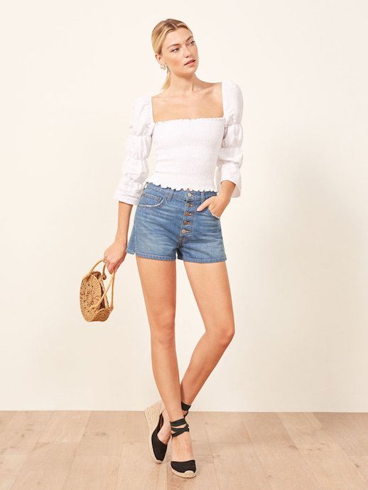 Le Fashion Blog Ruched White Linen Blouse Denim Button Front Shorts Circle Basket Bag Strappy Espadrille Sandals Via Reformation 