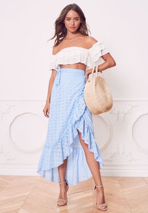 Le Fashion Blog Shop The Best Items From Revolve Ruffle White Top Blue Skirt Via Revolve 