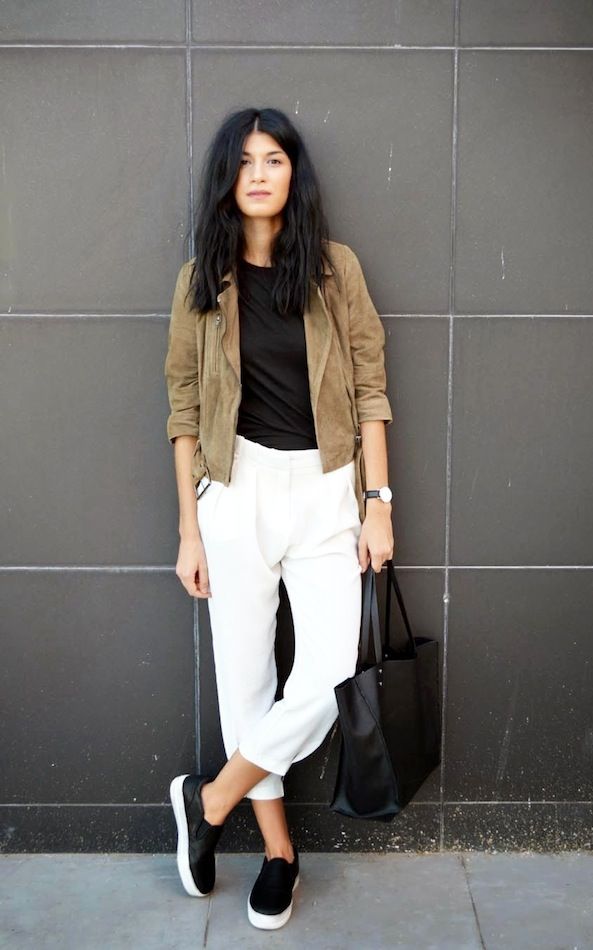 A Suede Jacket and White Pants Make for a Cool Spring Look