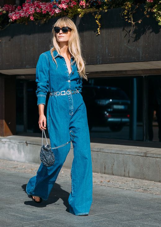 Le Fashion Blog Street Style Jeanette Friis Oversized Sunglasses Denim Jumpsuit Beaded Bag Via Style Du Monde 