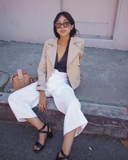 Le Fashion Blog Summer Office Workwear Printed Blouse Light Jacket White Belted Trousers Strappy Heeled Sandals Via @shhtephs 