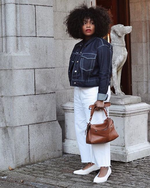 Le Fashion Blog Summer Outfits Contrast Stitching Denim Jacket White Raw Hem Jeans White Block Heeled Shoes Via Refinery29 