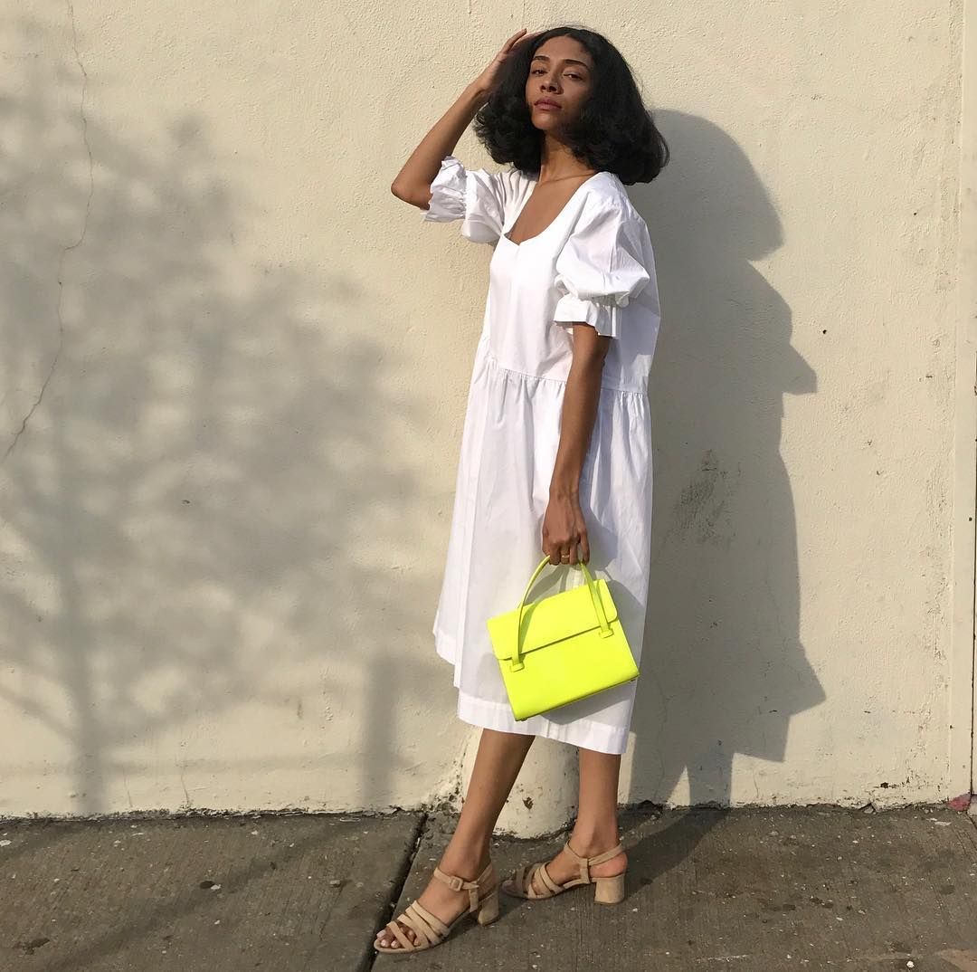 Le Fashion Blog Summer Styling White Cotton Midi Dress Lime Green Shoulder Bag Heeled Nude Sandals Via Loveshereee Instagram