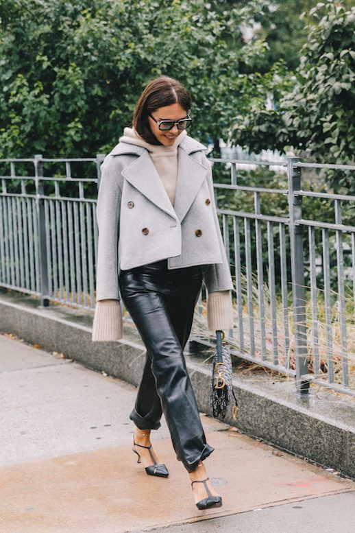 Le Fashion Blog Sunglasses Beige Hooded Sweatshirt Grey Cropped Wool Coat Leather Cuffed Pants Black Heels Via Collage Vintage 