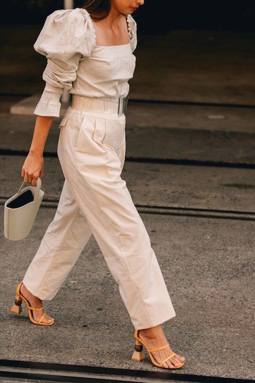 Le Fashion Blog Sydney Fashion Week Streetstyle White Statement Blouse White High Waist Trousers Orange Heeled Sandals Via Vogue 