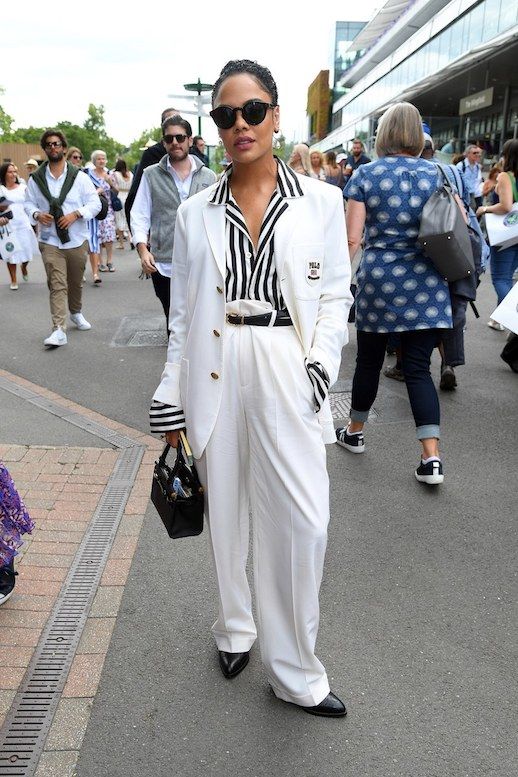 Le Fashion Blog Tessa Thomspon Wimbledon 2019 Tennis White Suit Striped Shirt White Trousers Via Vogue 
